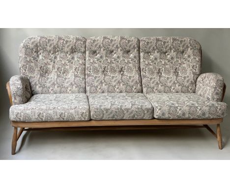 ERCOL SOFA, by Lucian Ercolani, vintage bentwood with stick back and arms and splay stretchered supports, 195cm W. 