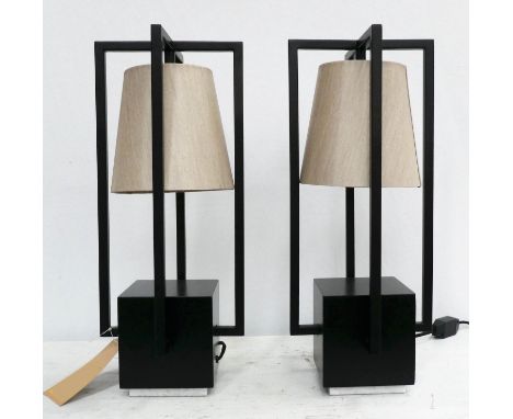 R V ASTLEY TABLE LAMPS, a pair, 52cm H, black painted metal, with shades. (2) 