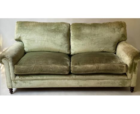 GEORGE SMITH SOFA, green silk velvet upholstered with feather back and seat cushions and turned supports, stamped, 191cm W. 