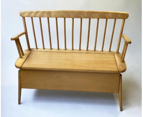 CHILD'S BENCH, contemporary beech with rising lid seat and stick back, 61cm H x 82cm. 