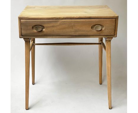 ERCOL WRITING DESK, 1970's solid elm with frieze drawer and splay supports, 68cm x 46cm x 75cm H. 