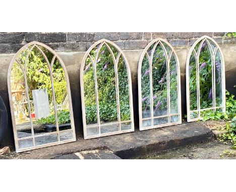 ARCHITECTURAL GARDEN WALL MIRRORS, three, 83cm x 50cm, arched tops, aged metal frames. (3) 