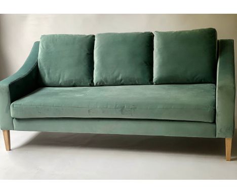 HEALS VELVET SOFA, 190cm W, soft green velvet three seater with oak tapering supports by 'Heals'. 