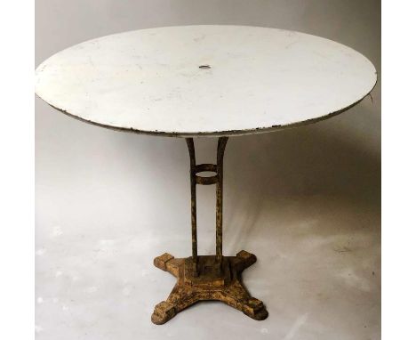 GARDEN TABLE, early 20th century French Art Deco tole, circular with yellow painted facetted cast iron support, 96cm x 76cm H