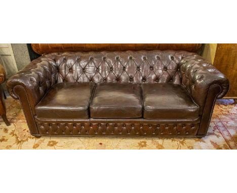 CHESTERFIELD SOFA, 189cm W, dark brown leather with three seat cushions. 