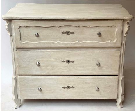 COMMODE, 19th century French, traditionally grey painted with three long drawers, 100cm W x 54cm D x 81cm H. 