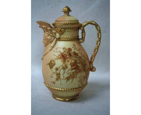 A Royal Worcester, blush ivory bone china Coffee Pot and Cover circa 1896, pear shape body with mask spout and scroll handle 