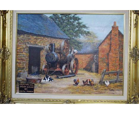 Kevin March (20th century) Traction Engine in a Farmyard with Poultry, Sheep and Dog, signed oil on canvas, 44cm by 60cm 