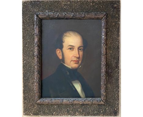 19THC ENGLISH SCHOOL OIL ON CANVAS - PORTRAIT OF GENT - 36CM  X 48CM - SOME BITUMISATION OF BACKGROUND BUT FACE &amp; BODY AR