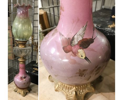 EARLY OIL LAMP - VASELINE GLASS SHADE &amp; HAND PAINTED BASE WITH DUCKS DEPICTION - 74CMS