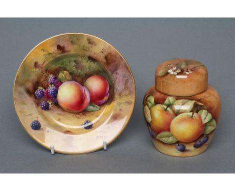 A ROYAL WORCESTER CHINA TEA PLATE, 1925, painted in polychrome enamels by A G Moseley with a still life of two peaches and bl