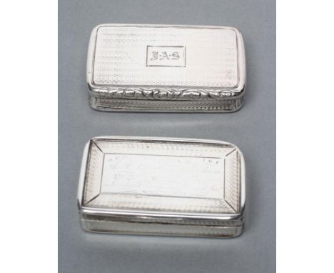 A GEORGE IV SILVER SNUFF BOX, maker Joseph Wilmore, Birmingham 1823, of plain oblong form, with all-over engine turning and c