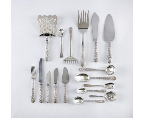 AN AMERICAN TABLE SERVICE, maker S. Kirk & Son, stamped Sterling, in single struck Renaissance pattern, comprising eight each