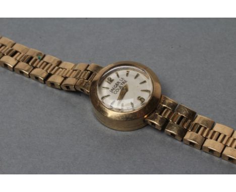 A LADY'S 9CT GOLD JAEGAR LECOULTRE WRISTWATCH, the matt off white dial with applied metal batons and Arabic 12 and 6, in a pl