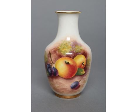 A ROYAL WORCESTER CHINA SMALL VASE, 1954, of baluster form, painted in colours by Maybury with a still life of two apples and