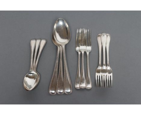 A LATE VICTORIAN SET OF SIX DESSERT FORKS, maker J.E. Bingham for Walker & Hall, Sheffield 1890, in bead pattern, together wi