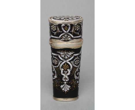 A LIMOGES ENAMEL SCENT BOTTLE, early 19th century, of flared flattened oval section, the black ground painted in white and gi