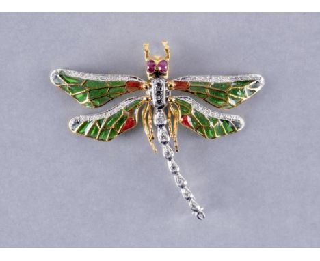 A MULTI GEM AND PLIQUE -A-JOUR DRAGONFLY BROOCH/PENDANT, maker Jonathan Lynne of Yeovil, with two cabochon ruby eyes and ten 