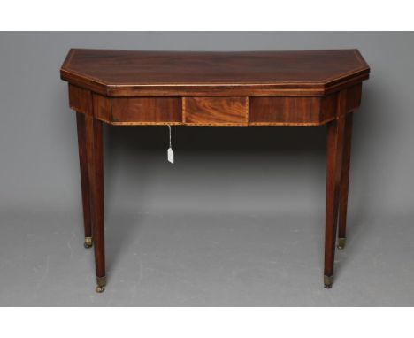 A GEORGIAN MAHOGANY FOLDING CARD TABLE, late 18th century, the canted oblong top with chequer stringing opening to a green ba