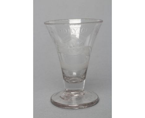 A COMMEMORATIVE ALE GLASS, mid 18th century, the drawn trumpet bowl engraved "The Glorious Memory of King William III", toget