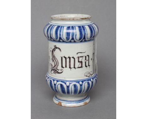 AN ITALIAN MAIOLICA ALBARELLO, c.1700, of waisted cylindrical form, titled in manganese "Louisa flor nenupham" (water lily) w