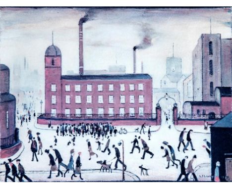 LAURENCE STEPHEN LOWRY (1887-1976), "Mill Scene", lithograph in colours, signed in pencil, 12" x 15 3/4", framed (Illustrated