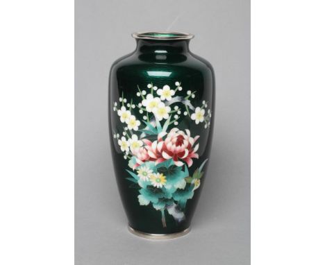 A JAPANESE ANDO GINBARI ENAMEL VASE of rounded cylindrical form inlaid in shades of pink, white, yellow and green with chrysa