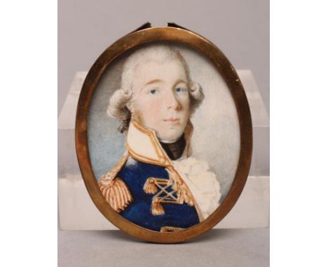 ENGLISH SCHOOL (Late 18th Century), A Naval Officer, head and shoulders, oval on ivory, unsigned, 2 3/4" x 2 1/4", gold frame