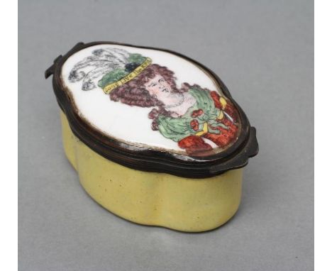 A STAFFORDSHIRE STYLE ENAMEL BOX, late 19th century, of shaped oval form, the cover painted with the half length portrait of 