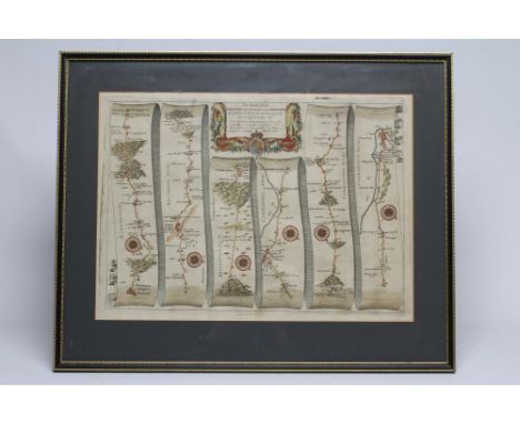 JOHN OGILBY (1600-1667), "London to Montgomery, North Wales", hand coloured engraved road map with figural title cartouche, 1