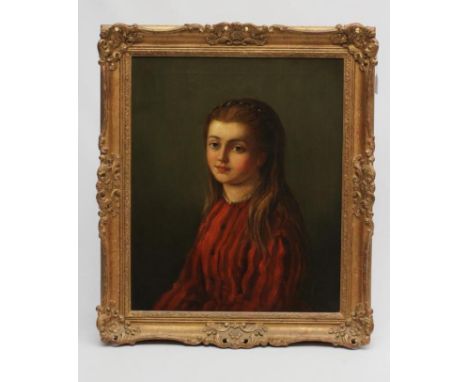 BRITISH SCHOOL (Late 19th century), Portrait of a Seated Girl in a Red Dress, half length, oil on canvas, unsigned, 24" x 20"