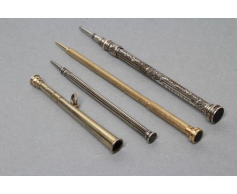 FOUR SAMPSON MORDAN PENCILS, including propelling hunting horn, 2 3/4" long, and a bloodstone seal top engine turned propelli