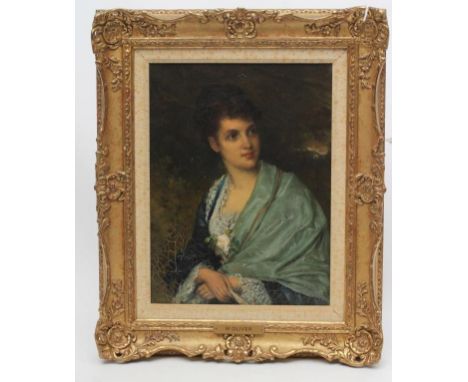 ATTRIBUTED TO WILLIAM I OLIVER (1823-1901), Portrait of a Young Woman in Lace Trimmed Dress and Green Silk Shawl, oil on canv