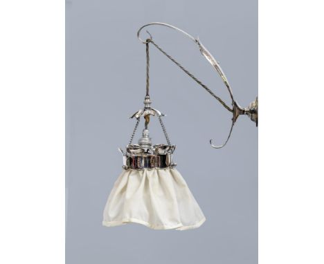 A W.A.S. BENSON & CO THREE LIGHT PLATED ON COPPER ELECTROLIER, c.1900, the circular frame surmounted by a band of stylised fo