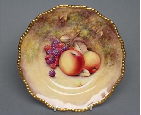 A ROYAL WORCESTER CHINA PLATE, late 20th century, of shaped circular form with gilded gadroon moulded rim, painted in polychr