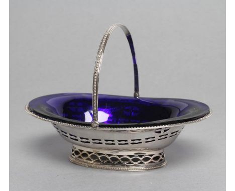 A GEORGE III EPERGNE BASKET, maker probably Thomas Evans, London 1784, of plain oval form with cast overhead swing handle and
