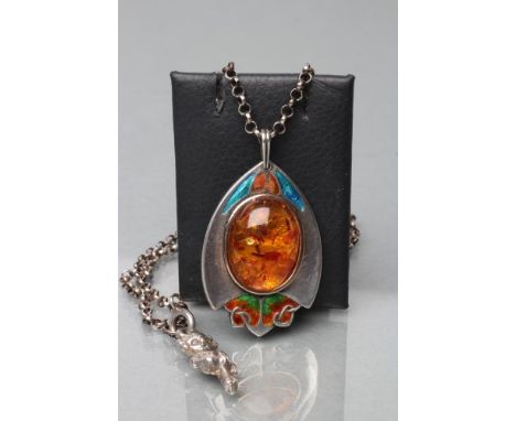 AN ARTS AND CRAFTS SILVER AND ENAMEL PENDANT, maker W H Haseler, Birmingham 1904, the arrow head plaque centred by an oval po