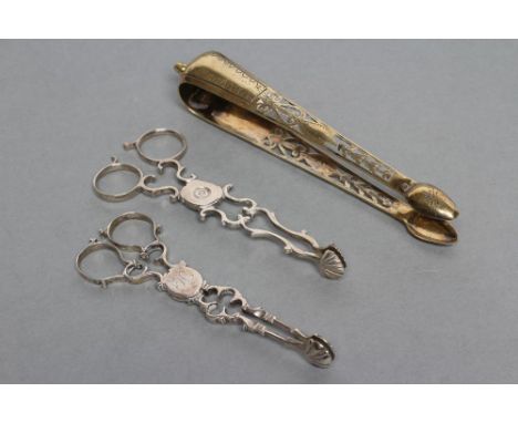 TWO PAIRS OF GEORGIAN SCISSOR SUGAR NIPS, no date letters, maker's marks JP and IG, one box hinge engraved "H", together with