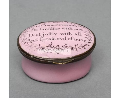 A STAFFORDSHIRE ENAMEL PATCH BOX, late 18th century, of oval form, inscribed with the verse "Have Communion with few ... And 
