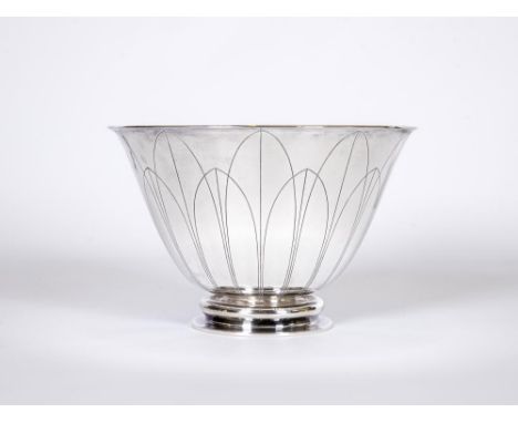 A GEORG JENSEN BOWL stamped STERLING 925, of rounded flared form, deeply engraved with sparse stylised leaves, 8 1/2" high, 5