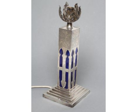 AN ELECTRIC TABLE LAMP BASE, maker Hawkesworth Eyre & Co., Sheffield 1930, of square section with gothic style pierced panels