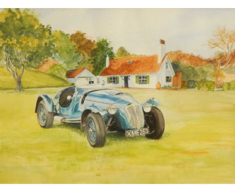 E. Scarborough. Three watercolours depicting vintage cars; Legonda KY02, Fraser Nash XME253, and DGW88.