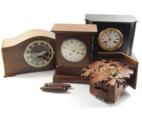 A quantity of clocks, comprising; an oak 1930's Westminster chime mantel clock, Victorian slate cased mantel clock, French, R