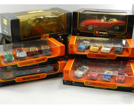 A quantity of Burago and other die cast vehicles, boxed, comprising; Burago Jaguar Cabriolet 1961, Dodge Viper RT/10 1992, Ma