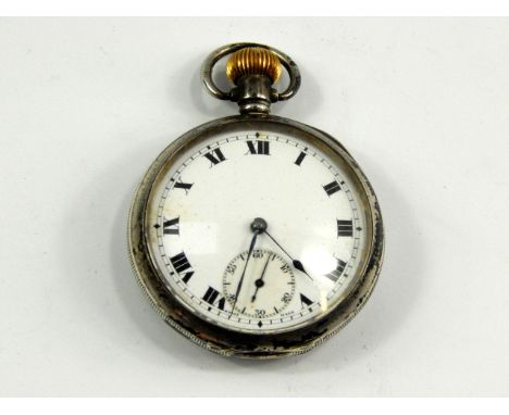 A gentleman's silver cased pocket watch, keyless wind, open faced, white enamel dial bearing Roman numerals, subsidiary secon