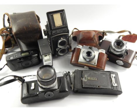 A quantity of cameras, comprising; a Microcord, Rank Mamiya Auto Lux 35, Mamiya Sekar 1000TL, Agfa camera, Kodak camera and a
