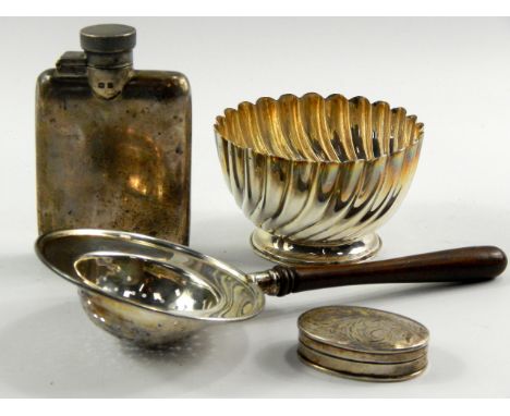 A George V silver hip flask, Birmingham 1925, Edward VII spiral fluted sugar bowl, Birmingham 1905, George VI tea strainer wi
