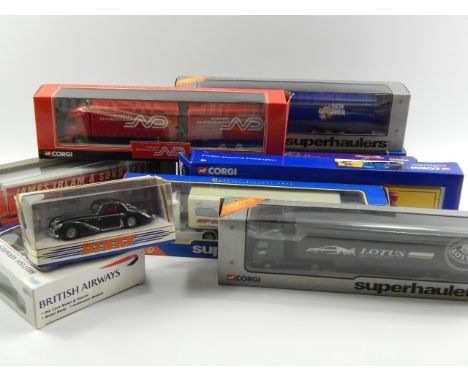 A quantity of Corgi die cast lorries, scale 1:64, boxed, comprising; an ERF Ducati transporter, Volvo and Scania transporters