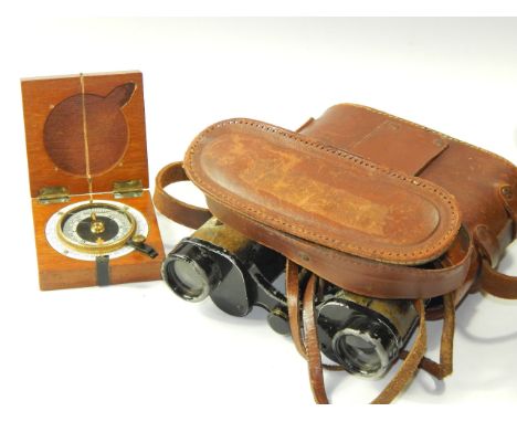 A WWI compass, F Barker & Sons, London 1918, cased, together with a pair of WWII German binoculars by Otto Walter, x10, 12507