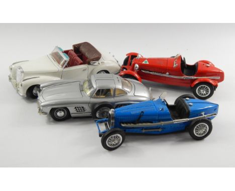 Burago models of a Bugatti, Alfa Romeo, and Mercedes 300SL, and Maisto Mercedes 300S. (4)